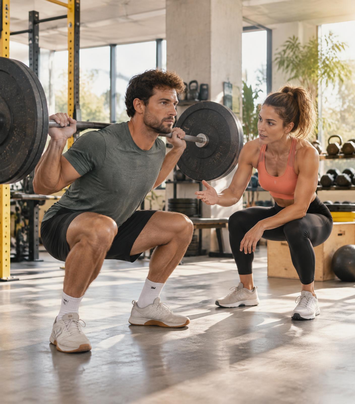 A fitness coach guiding a client through a strength training session
